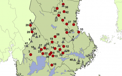 Familjegrupper av varg (prick) och revirmarkerande vargpar (triangel). Källa: Viltskadecenter