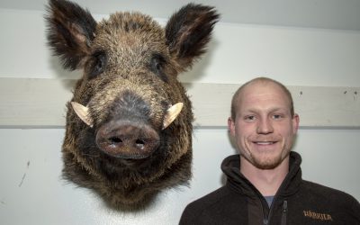 Dennis Tholander med bogmontaget av den vildsvinsgalt som fälldes i Tystberga i januari 2018.