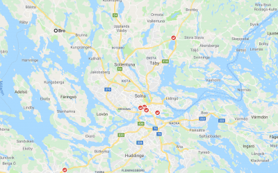 Ett par vildsvin skjutna i Bro nordväst om Stockholm har varit trikinsmittade. Karta: Google
