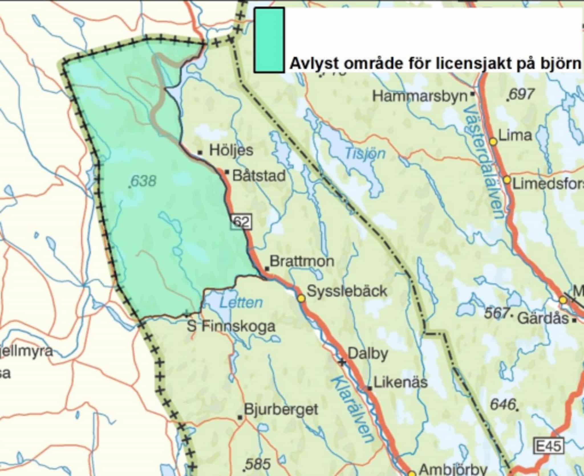 Jakten på två björnar i Värmland får bedrivas i hela länet utom det på kartan markerade området. Karta: Länsstyrelsen