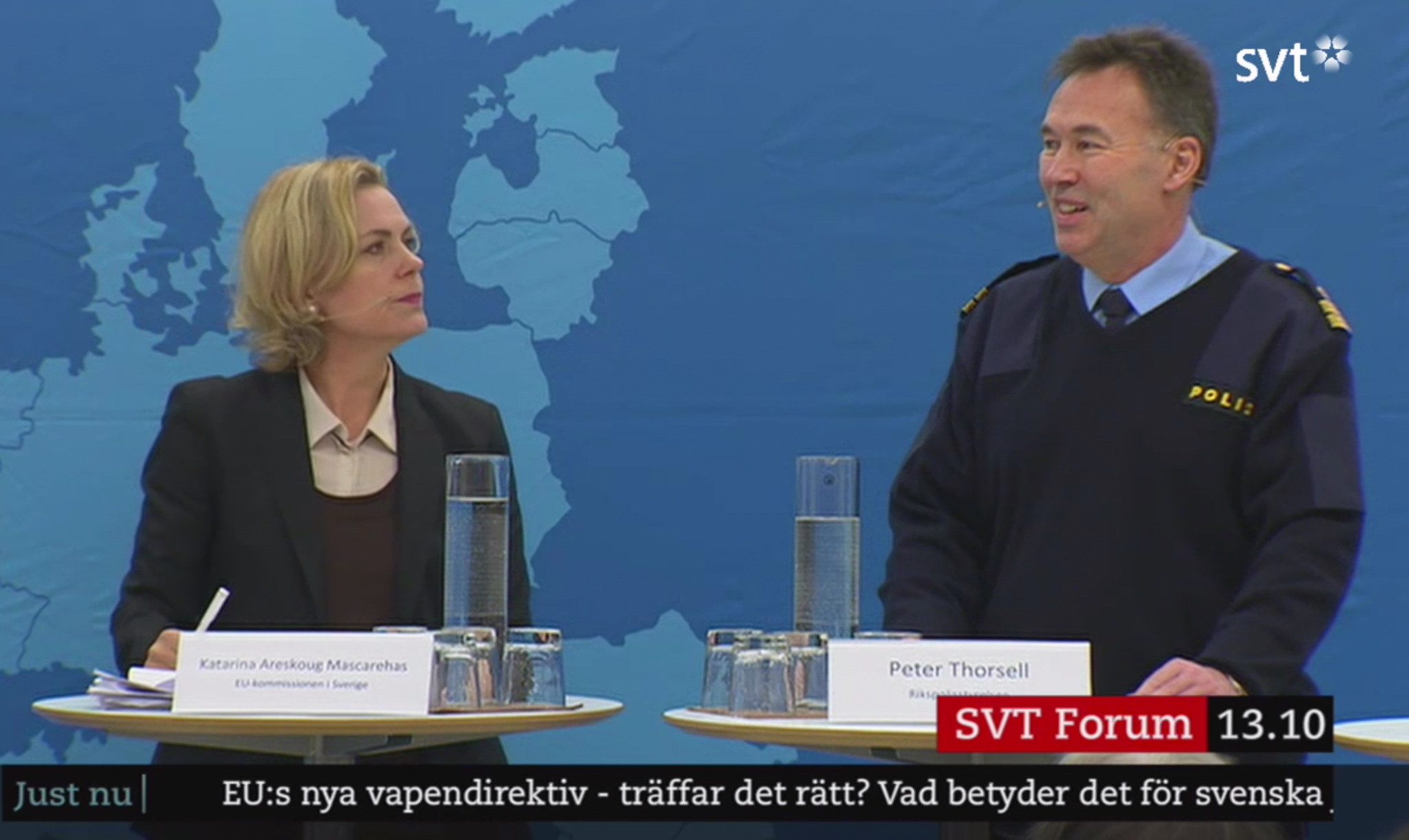 Katarina Areskoug Mascarenhas, chef för EU-kommissionens representation i Sverige och Peter Thorsell, verksamhetsansvarig för vapenärenden på Polismyndigheten. Foto: svt.se