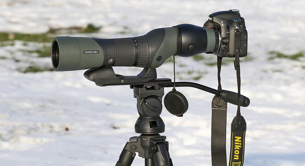 Swarovski 25-60x65 är en smidig tubkikare men ganska ljussvag. En tung systemkamera som Nikon D3s gav bakvikt medan den lättare Nikon D600 passade bättre. Foto: Mattias Lilja