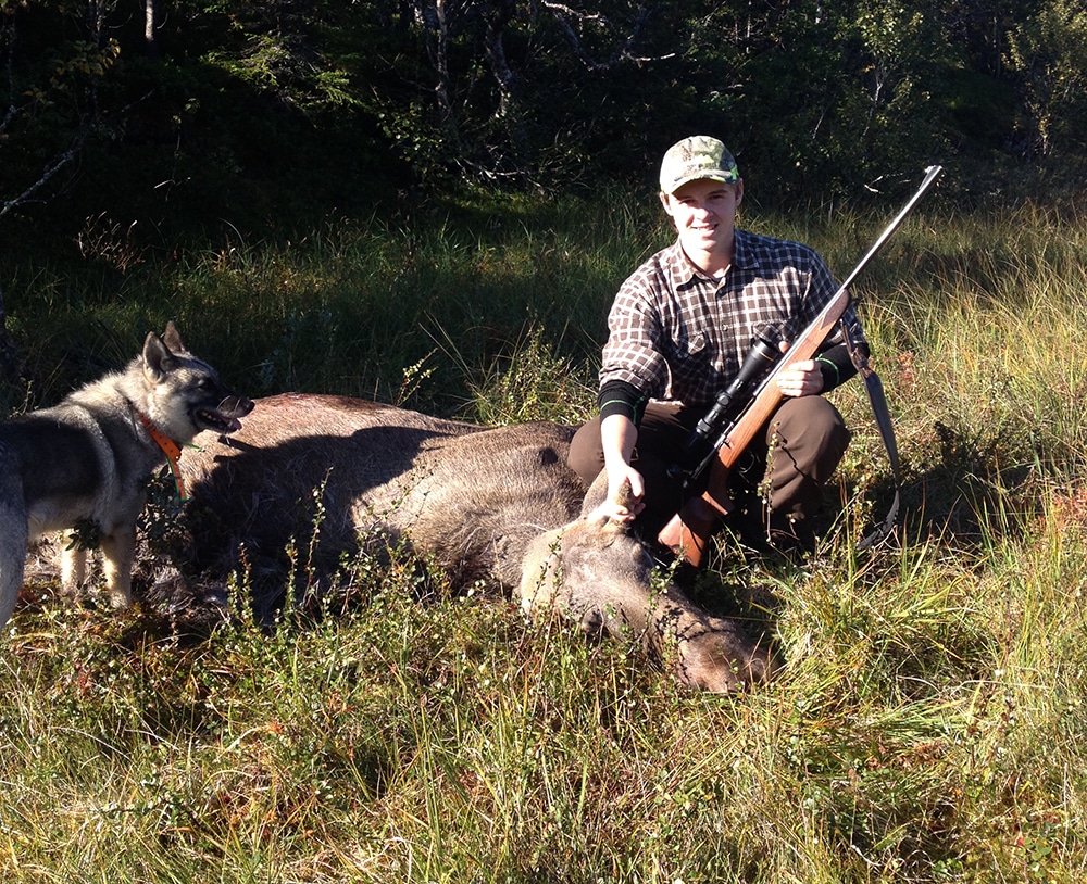 David Molin med sin första älg. En pinntjur som gråhundstiken Mirra satte fart på. Foto: Privat