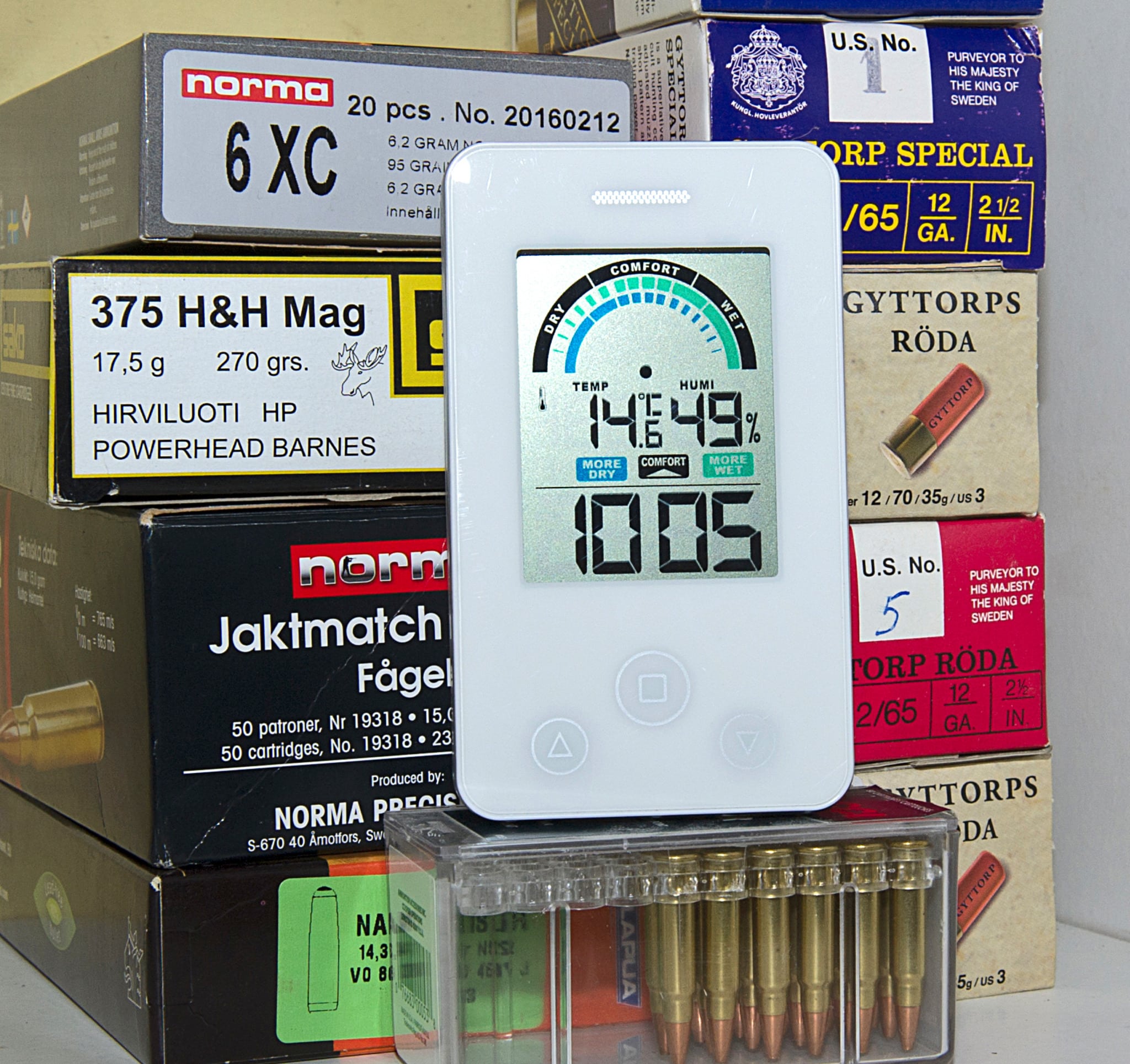 Källare i bostadshus har ofta en ideal temperatur och fuktighet för ­ammunitionsförvaring. I vilka förhållanden förvarar du din ammunition? Digitala termometrar med hygrometer­funktion kan köpas för under 100-lappen. Foto: Mattias Lilja