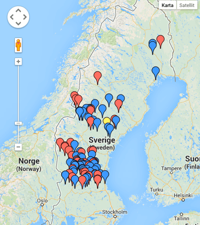 Karta över årets hittills fällda björnar. Källa: SVA
